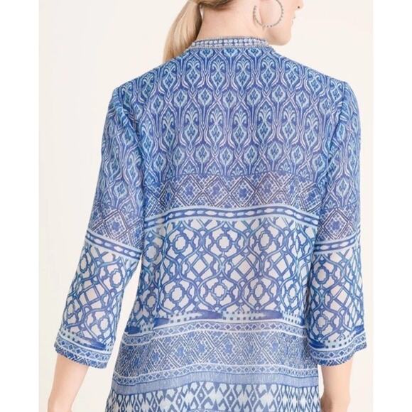 Chico’s Tunic Seaside Sheer Rhinestones Size 12P Blue White Black Blouse Beach - Picture 7 of 10